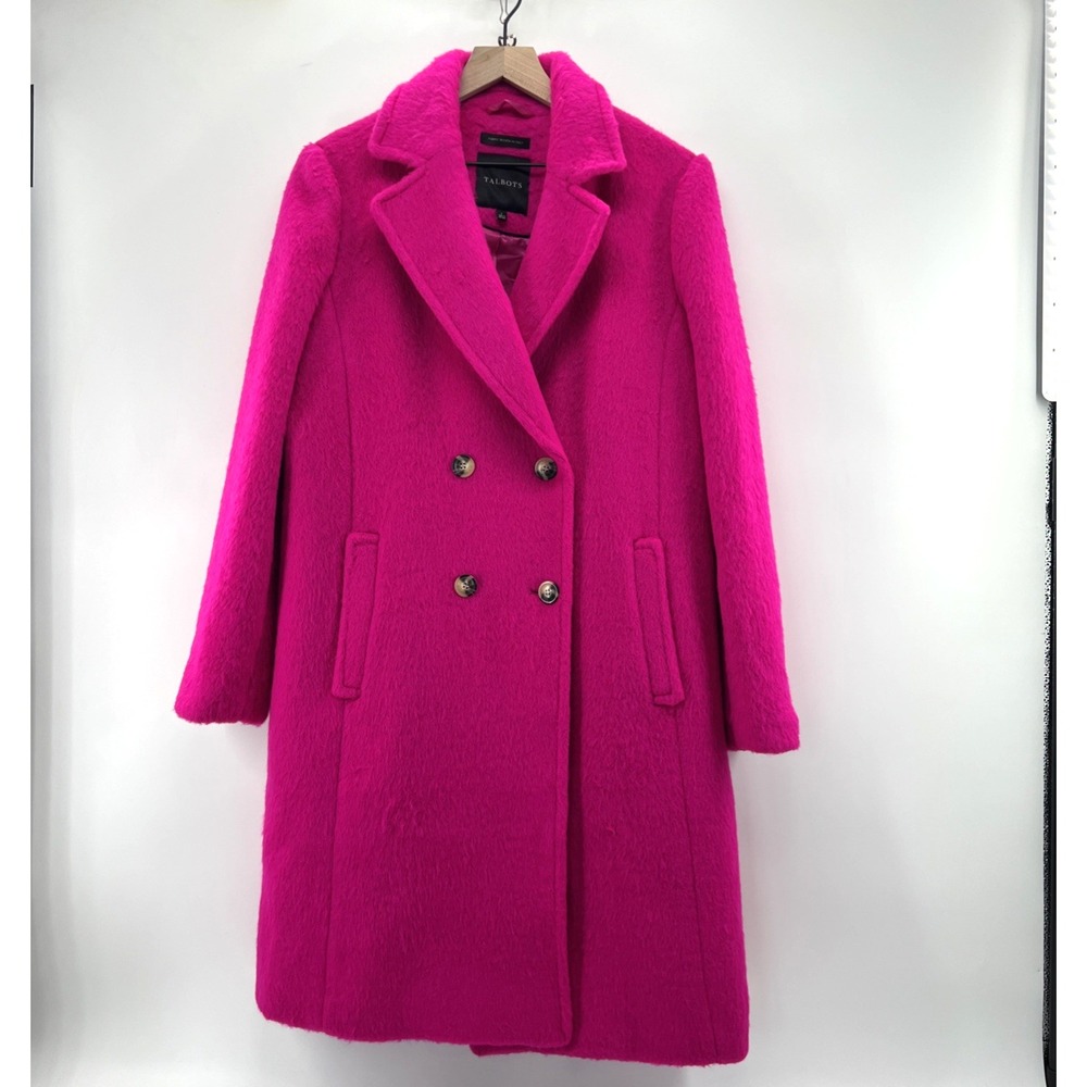 Talbots Overcoat Sz L Raspberry Pink Wool Blend Long Coat Woven in Italy